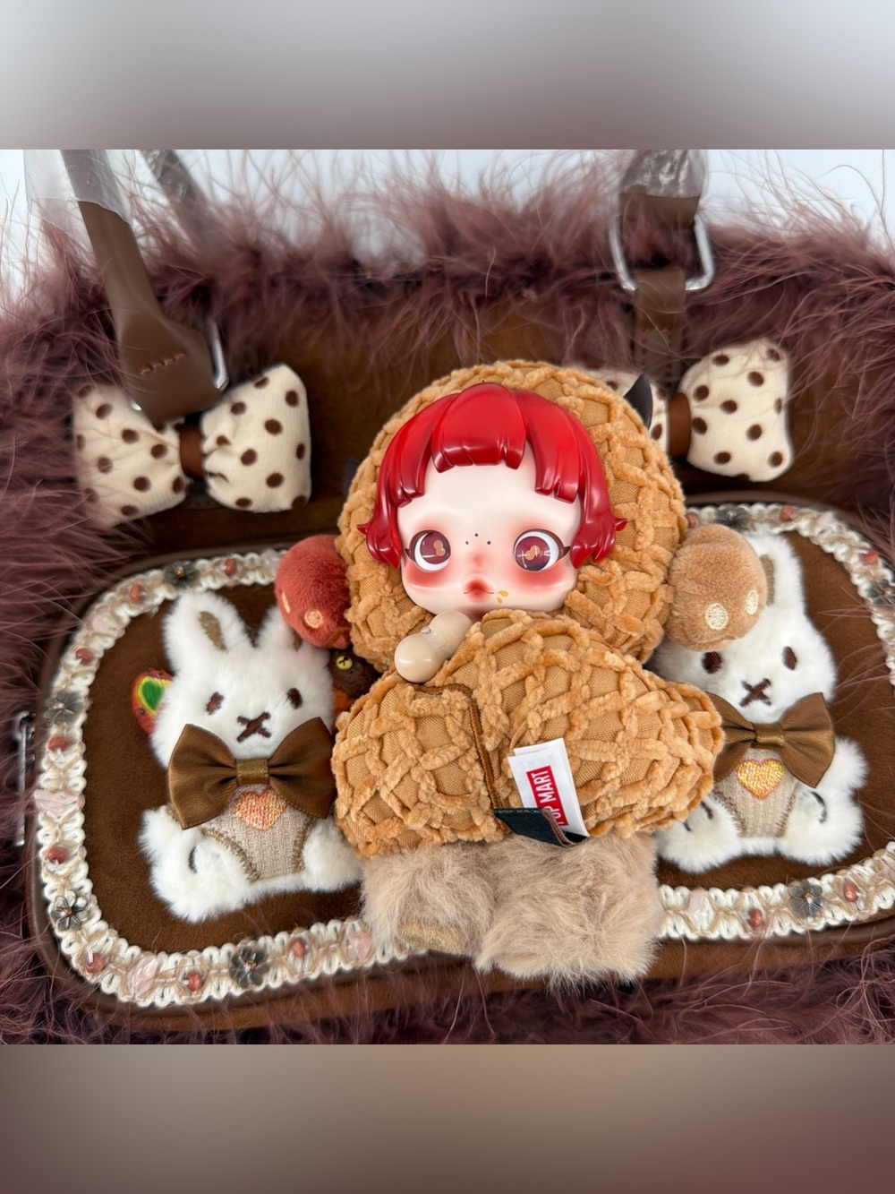 Women's Brown Faux-Fur Shoulder Bag with Plush Bunny Appliqués